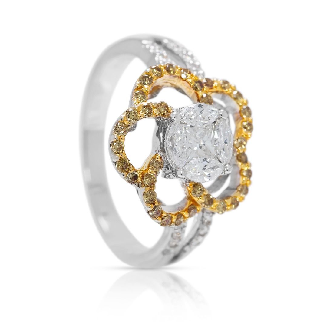 Striking 0.82ct Floral Diamond Ring in 18K Two-Toned Gold