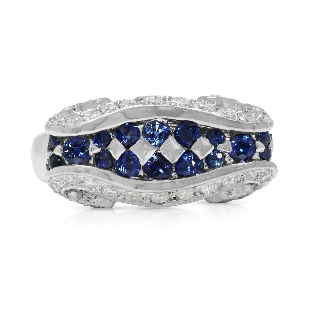 Striking 0.88ct Sapphire & Natural Diamond Wave Band in 18K White Gold (New)