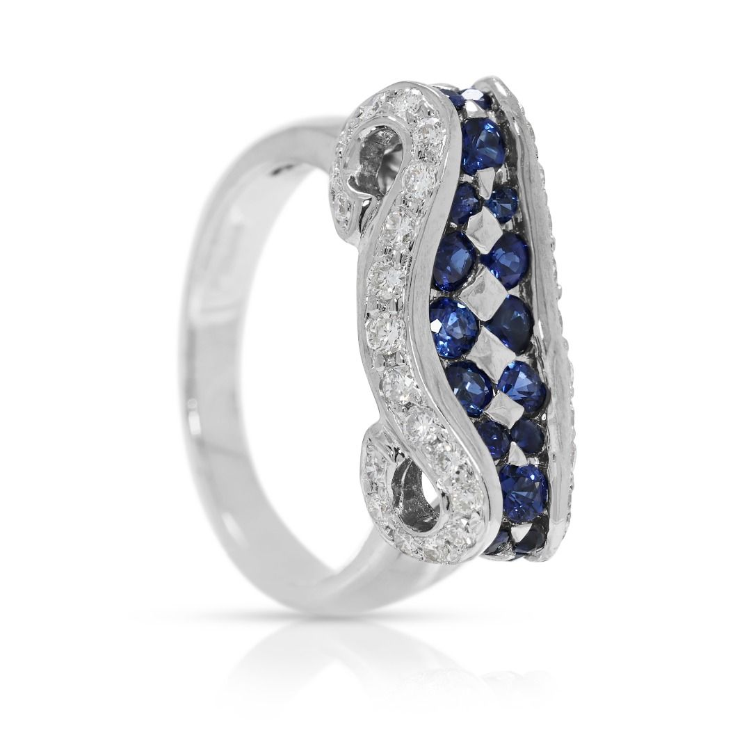 Striking 0.88ct Sapphire & Natural Diamond Wave Band in 18K White Gold (New)