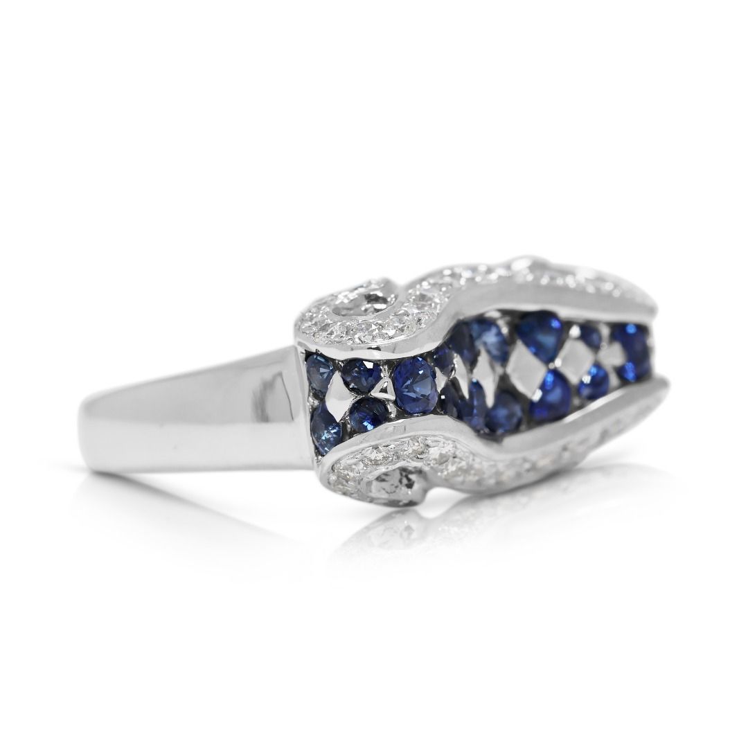 Striking 0.88ct Sapphire & Natural Diamond Wave Band in 18K White Gold (New)