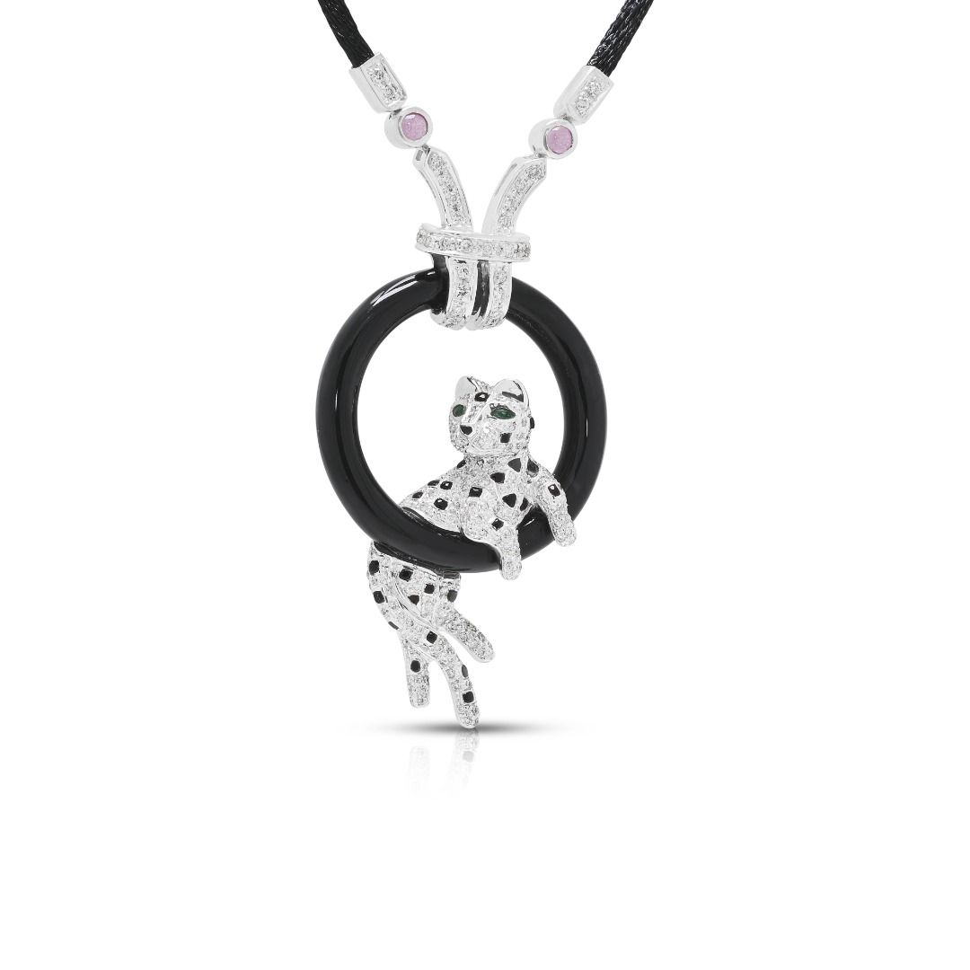 Striking 1.01ct Natural Diamond, Black Onyx, 0.04ct Sapphire and 0.02ct Emerald Feline Necklace in 18K White Gold