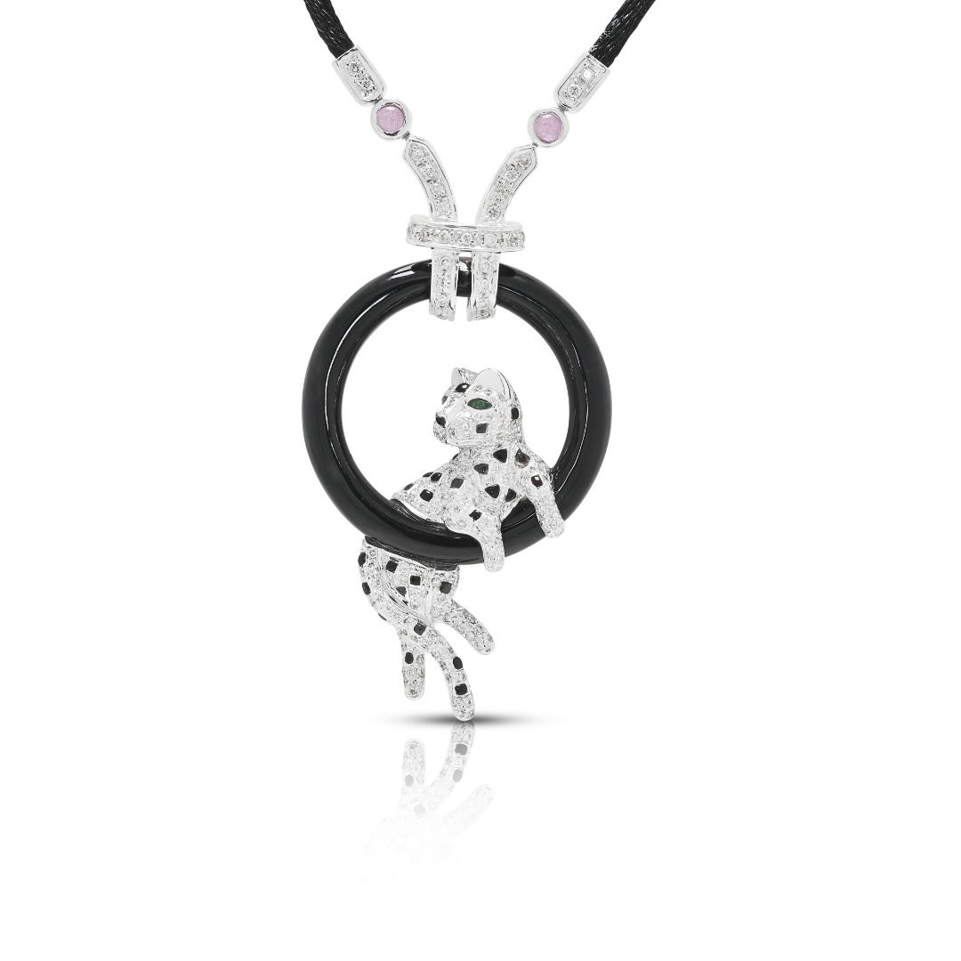 Striking 1.01ct Natural Diamond, Black Onyx, 0.04ct Sapphire and 0.02ct Emerald Feline Necklace in 18K White Gold