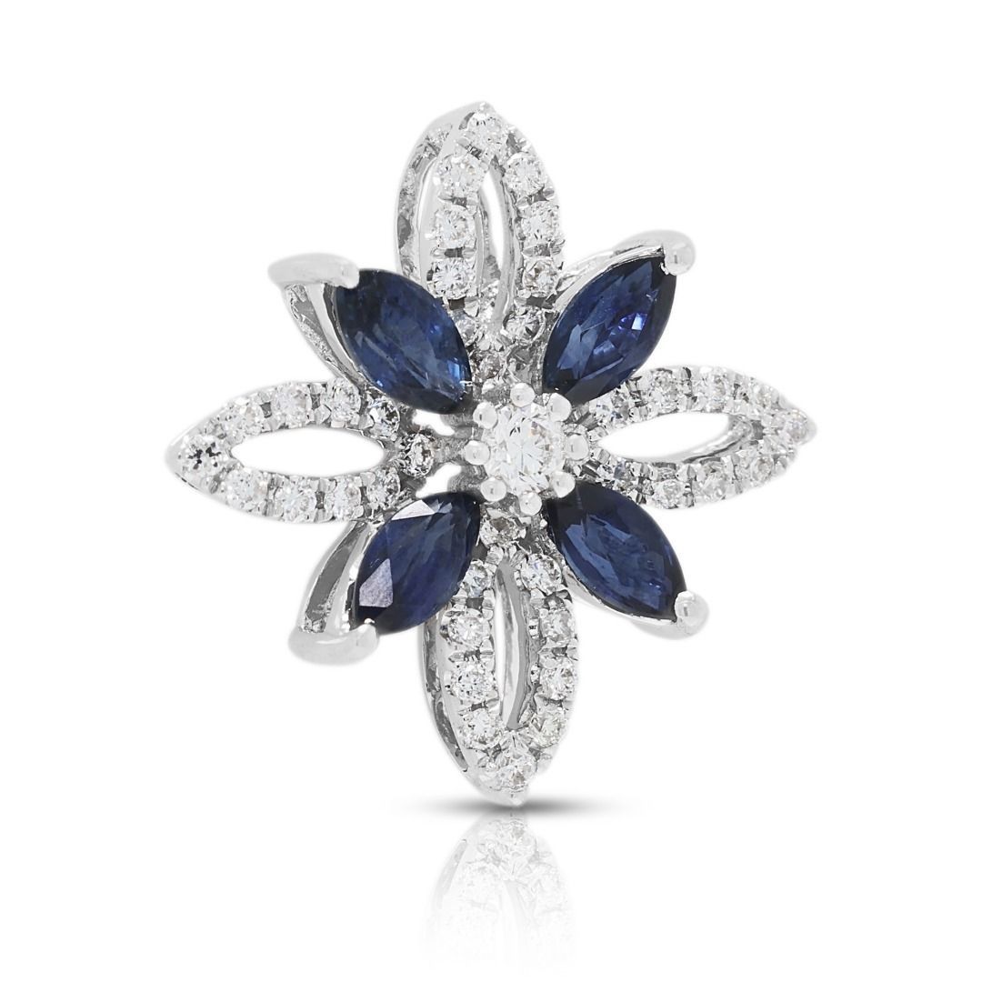 Striking 1.08ct Sapphire & Diamond Floral Pendant in 18K White Gold