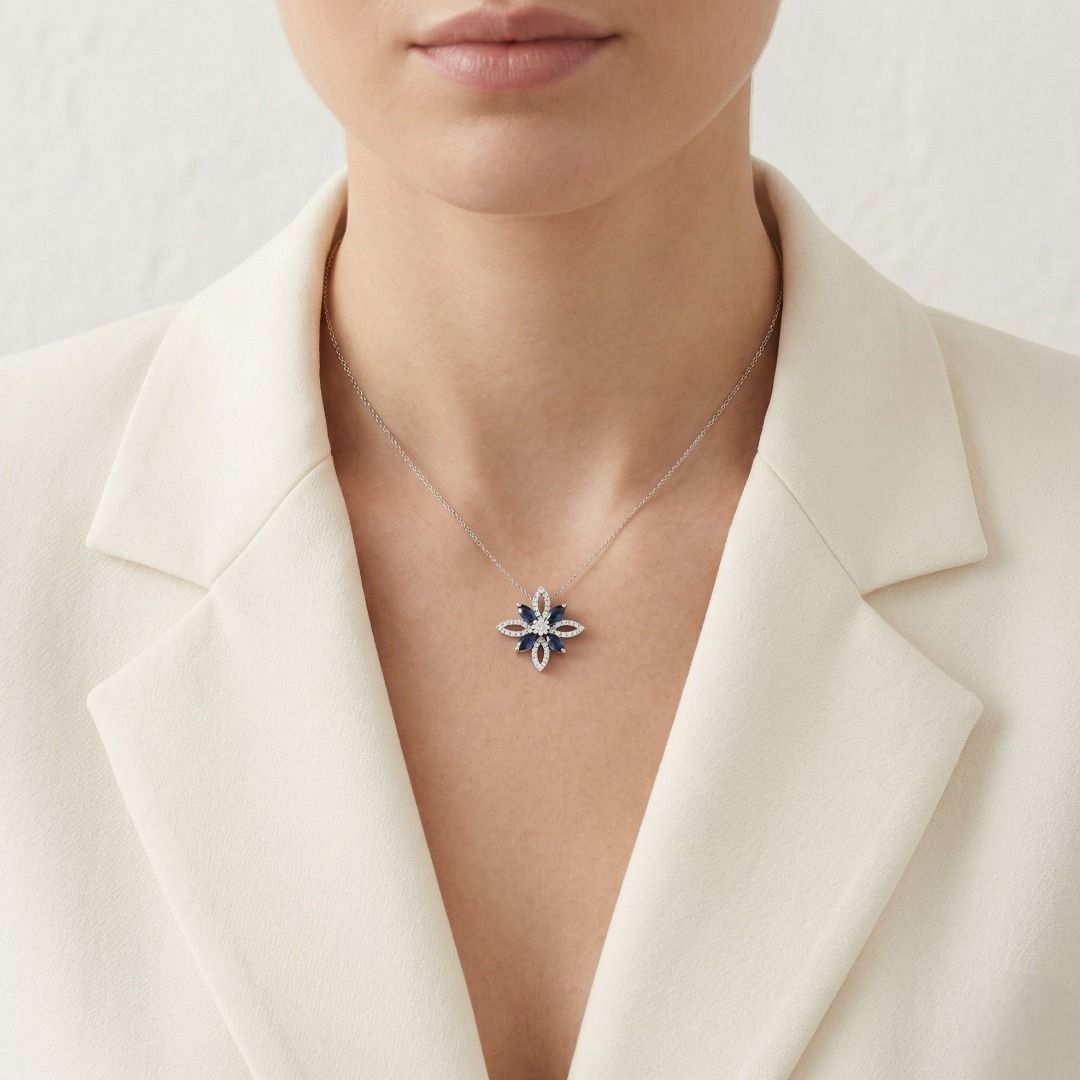 Striking 1.08ct Sapphire & Diamond Floral Pendant in 18K White Gold