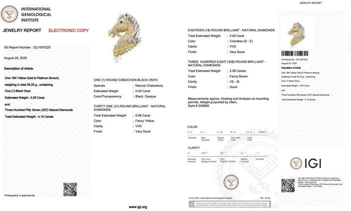 Striking 4.21ct Onyx and Diamonds Brooch in 18k Yellow Gold & Platinum - IGI Certified