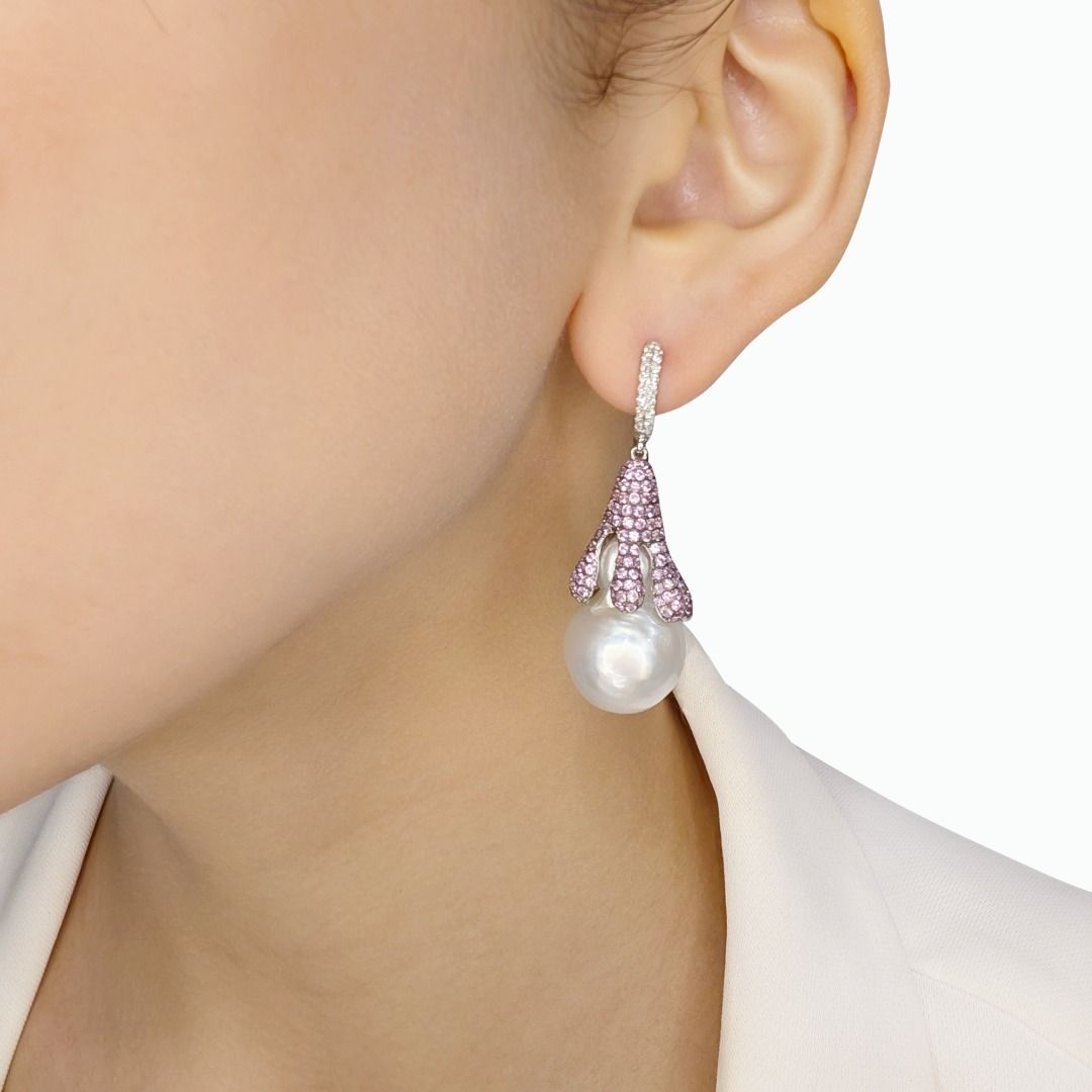Striking 6.66ct South-Sea Pearl, Sapphire, and Natural Diamonds Earrings in 18K White Gold