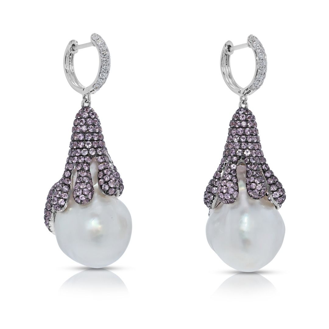 Striking 6.66ct South-Sea Pearl, Sapphire, and Natural Diamonds Earrings in 18K White Gold