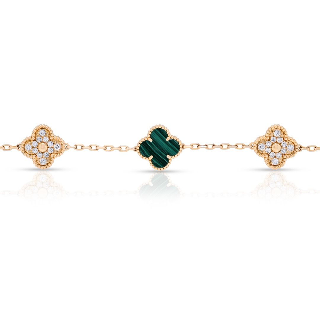 Stunning 0.60ct Natural Diamond and Malachite Four-Leaf Motif Bracelet in 18K Yellow Gold