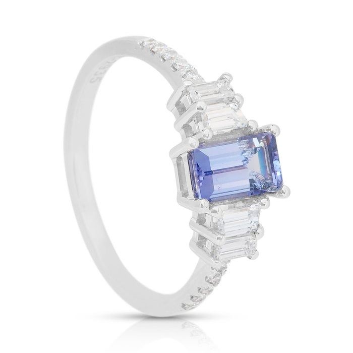 Stunning 1.43ct Tanzanite and Diamonds Pave Ring in 18k White Gold - IGI Certified