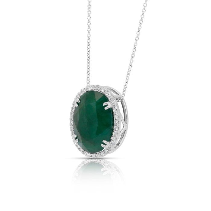 Stunning 15.30ct Emerald and Diamonds Necklace with Pendant in 18k White Gold - IGI Certified