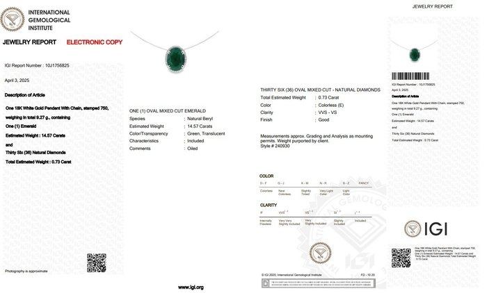 Stunning 15.30ct Emerald and Diamonds Necklace with Pendant in 18k White Gold - IGI Certified
