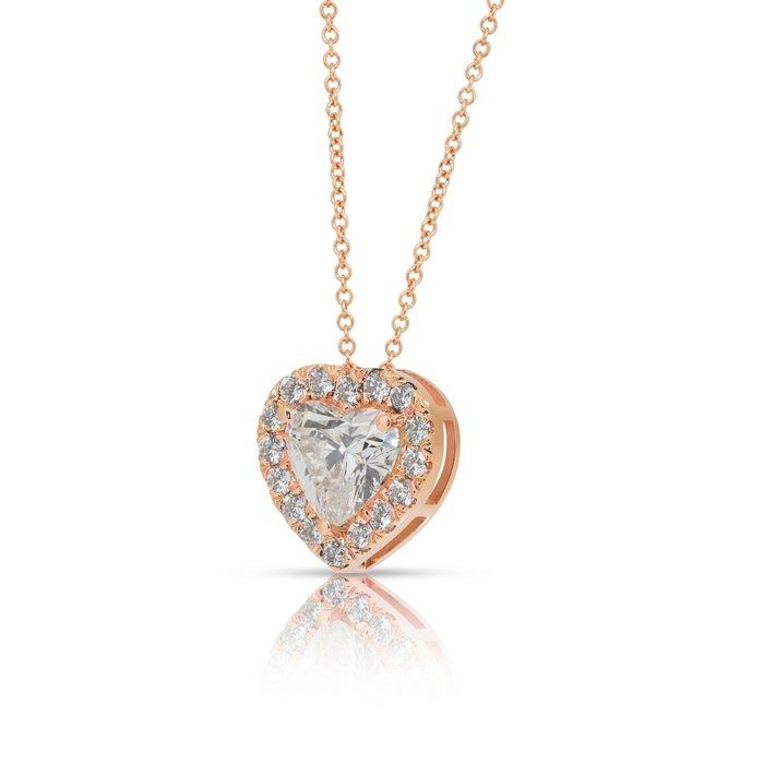 Stunning 1.91ct Diamonds Necklace with Heart Halo Pendant in 18k Rose Gold - IGI Certified