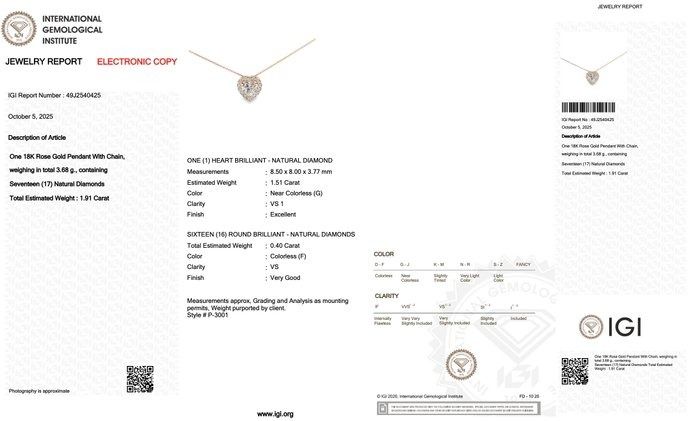 Stunning 1.91ct Diamonds Necklace with Heart Halo Pendant in 18k Rose Gold - IGI Certified