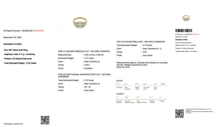 Stunning 2.33ct Diamonds 3-Stone Ring in 18k Yellow Gold - IGI Certified
