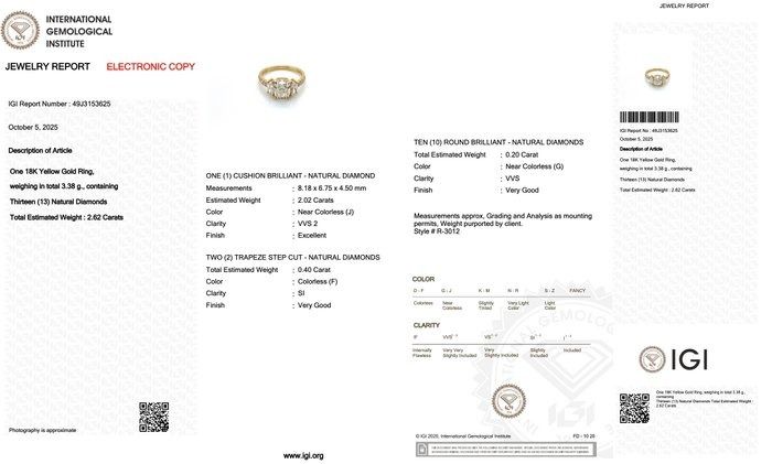 Stunning 2.62ct Diamonds 3-Stone Ring in 18k Yellow Gold - IGI Certified