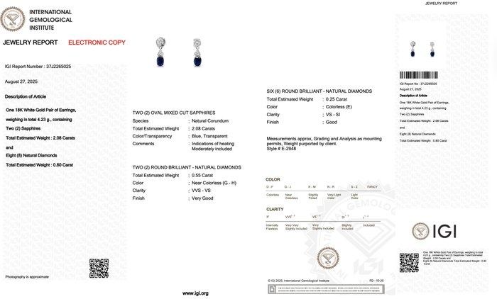 Stunning 2.88ct Sapphires and Diamonds Drop Earrings in 18k White Gold - IGI Certified