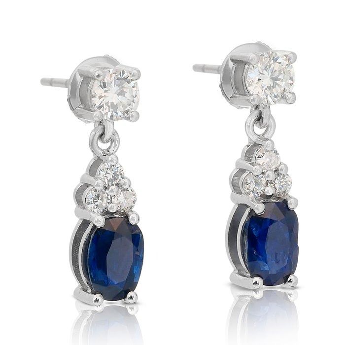 Stunning 2.88ct Sapphires and Diamonds Drop Earrings in 18k White Gold - IGI Certified