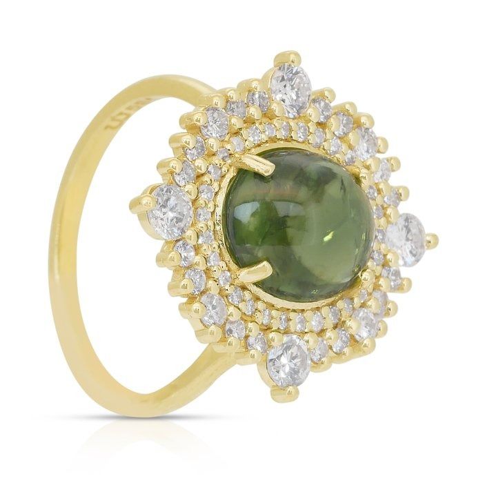 Stunning 4.17ct Tourmaline and Diamonds Cocktail Ring in 14k Yellow Gold - GIA Certified