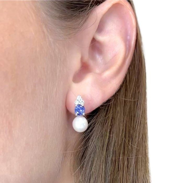 Stunning 6.84ct Tanzanite, Fresh Water Cultured Pearls, and Diamonds Drop Earrings in 18k White Gold - IGI Certified