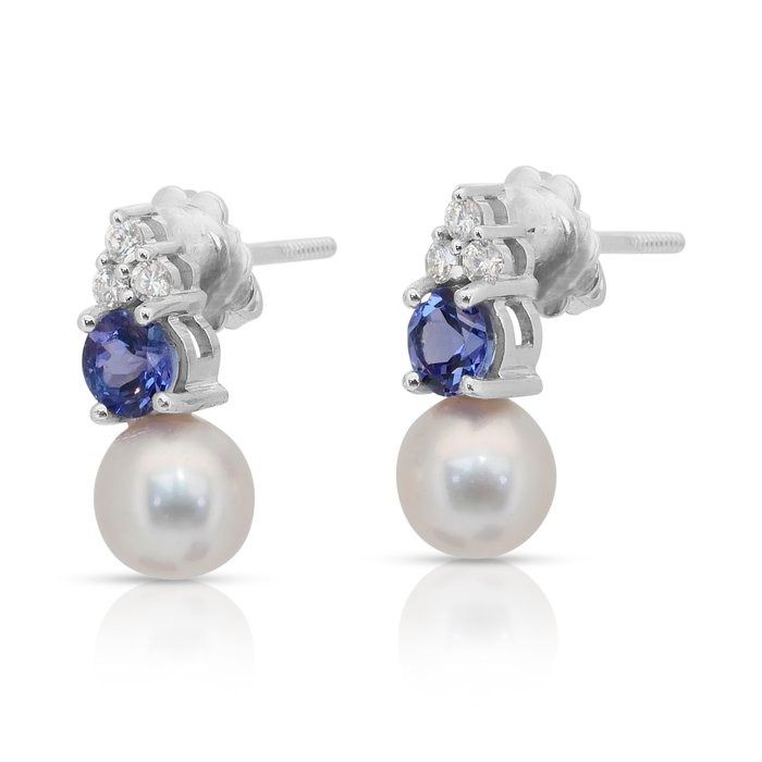 Stunning 6.84ct Tanzanite, Fresh Water Cultured Pearls, and Diamonds Drop Earrings in 18k White Gold - IGI Certified