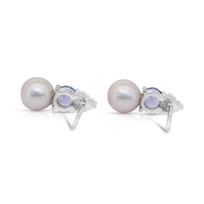 Stunning 6.84ct Tanzanite, Fresh Water Cultured Pearls, and Diamonds Drop Earrings in 18k White Gold - IGI Certified
