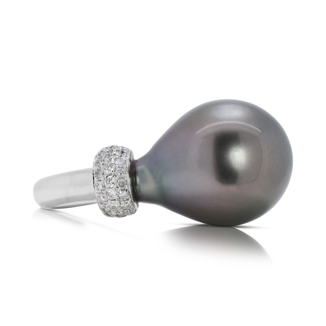 Stunning Tahitian Pearl Ring with Natural Diamonds in 18K White Gold