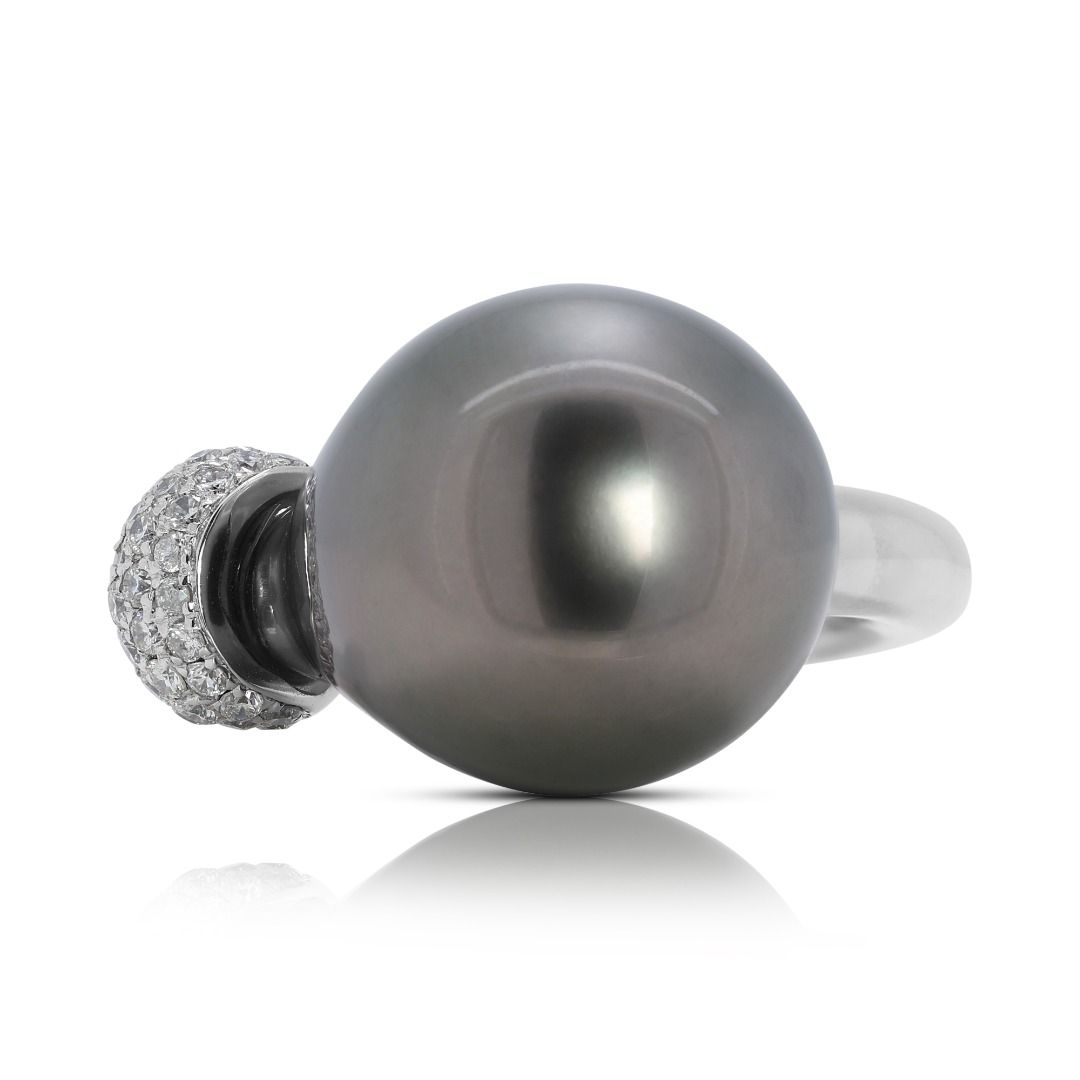 Stunning Tahitian Pearl Ring with Natural Diamonds in 18K White Gold