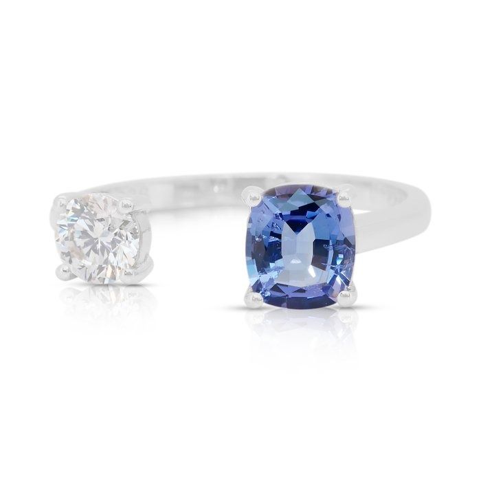 Stylish 1.46ct Tanzanite and Diamond 2-Stone Ring in 18k White Gold - IGI Certified