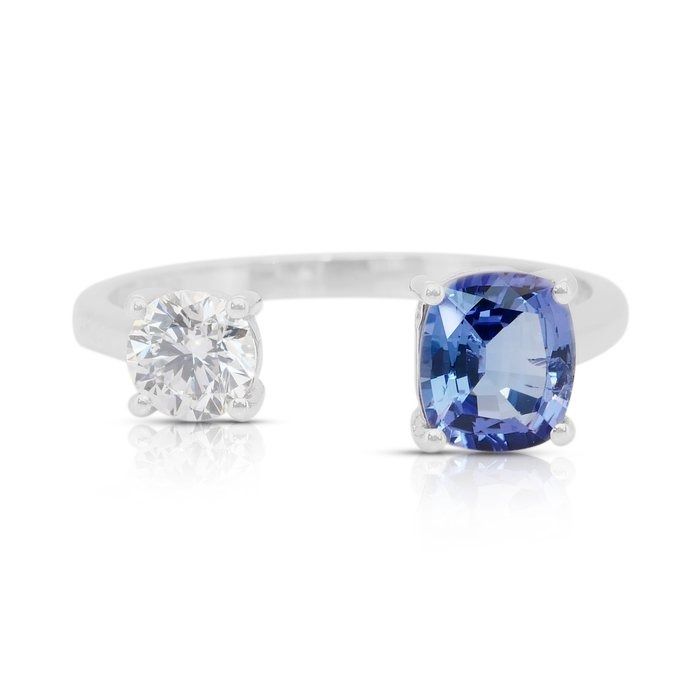 Stylish 1.46ct Tanzanite and Diamond 2-Stone Ring in 18k White Gold - IGI Certified