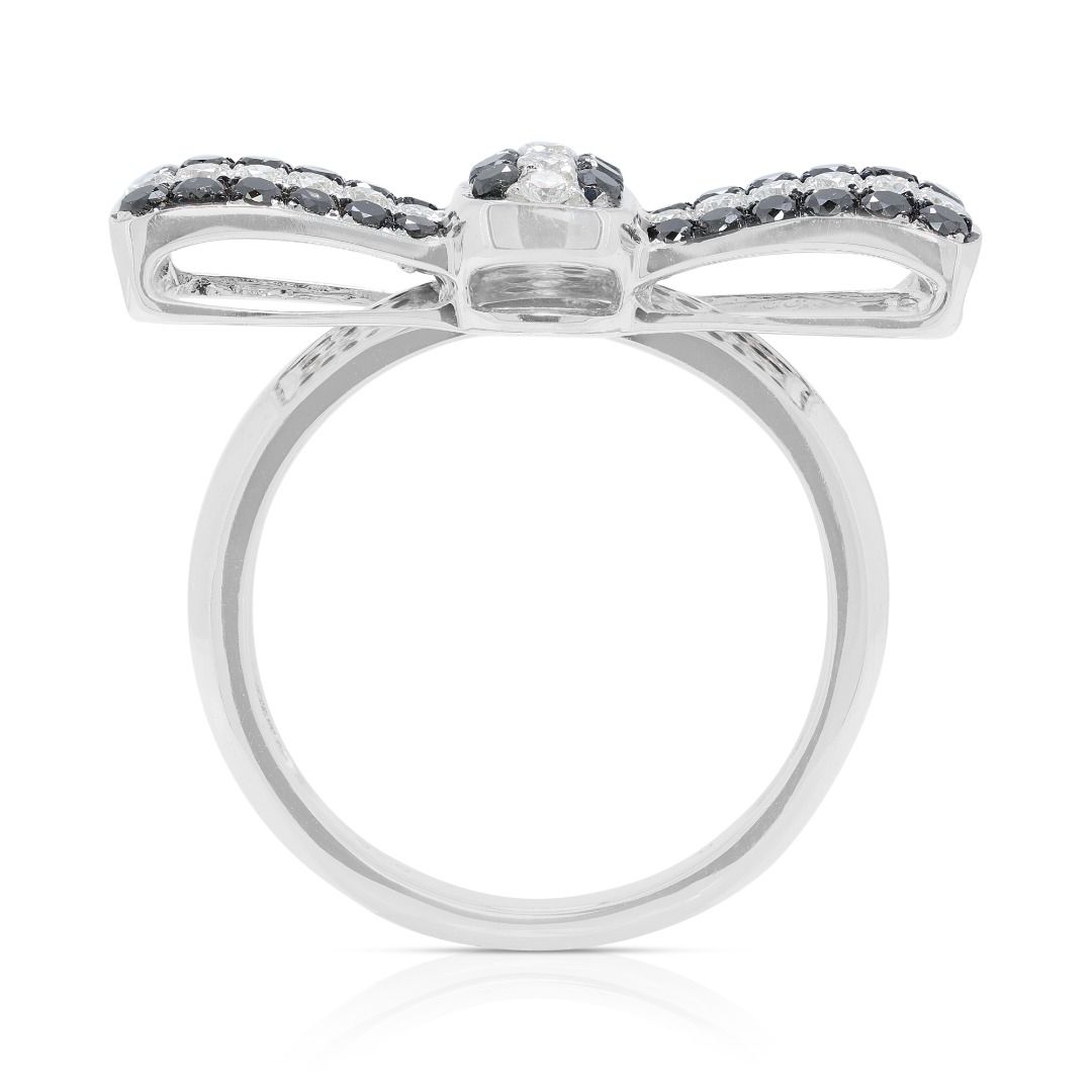 Stylish 1 carat and 9 points Natural Clear and Black Diamond Ribbon-Shaped Ring in 18K White Gold