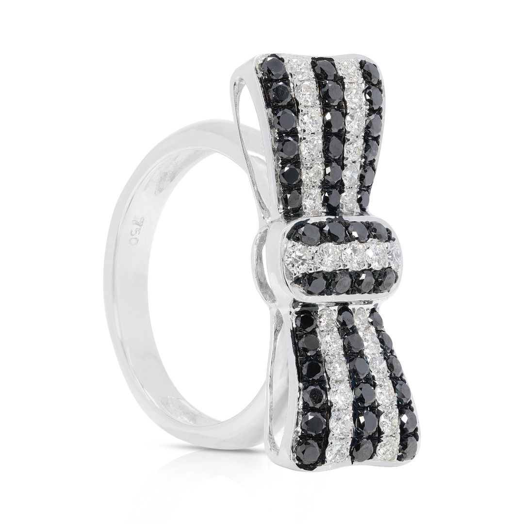 Stylish 1 carat and 9 points Natural Clear and Black Diamond Ribbon-Shaped Ring in 18K White Gold