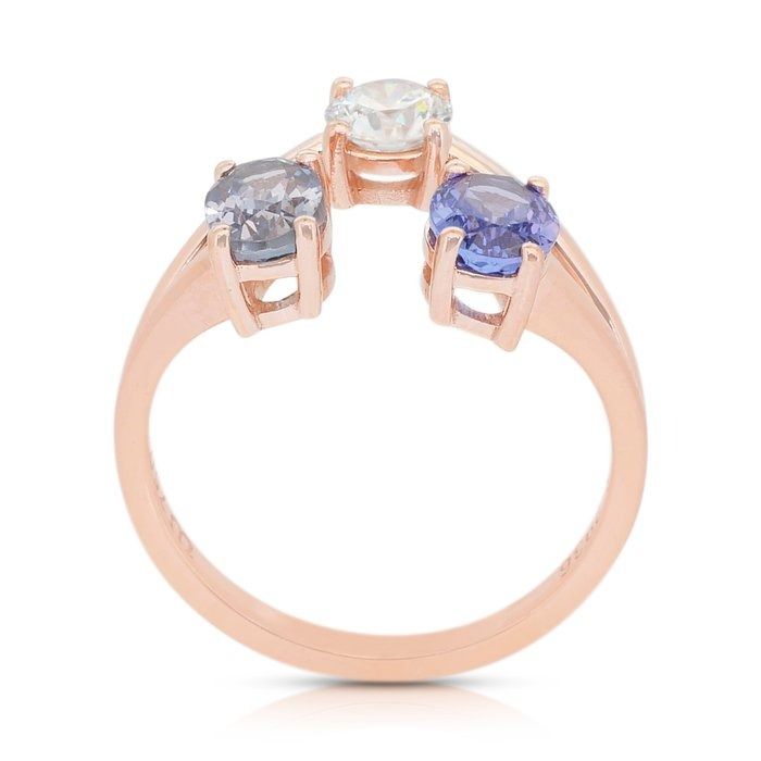 Stylish 2.03ct Tanzanites and Diamond 3-Stone Ring in 18k Rose Gold - IGI Certified