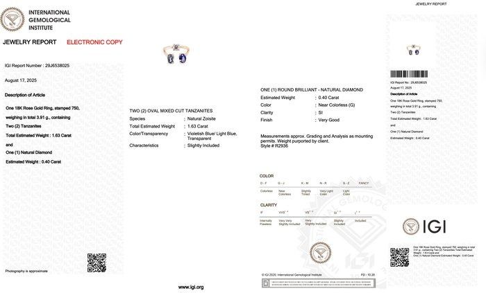 Stylish 2.03ct Tanzanites and Diamond 3-Stone Ring in 18k Rose Gold - IGI Certified