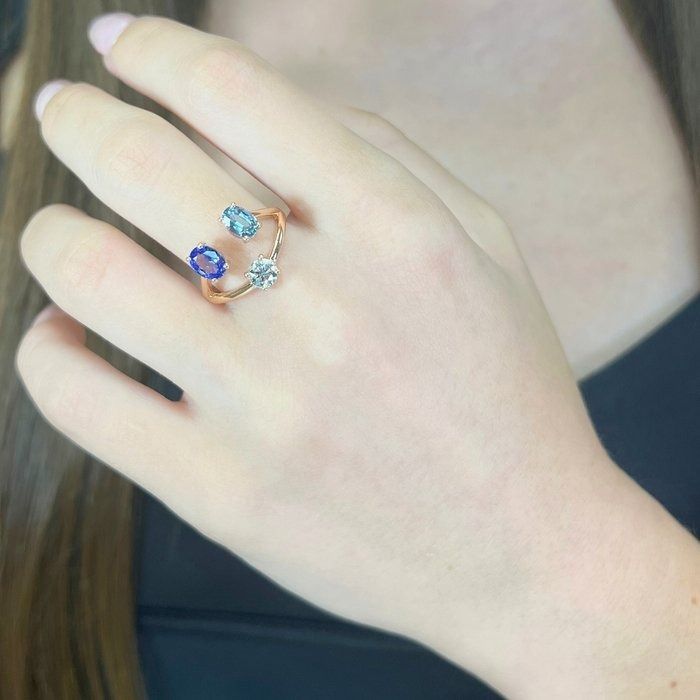 Stylish 2.03ct Tanzanites and Diamond 3-Stone Ring in 18k Rose Gold - IGI Certified