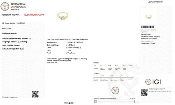 Timeless 1.01ct Diamond Solitaire Ring in 18k Yellow Gold - IGI Certified