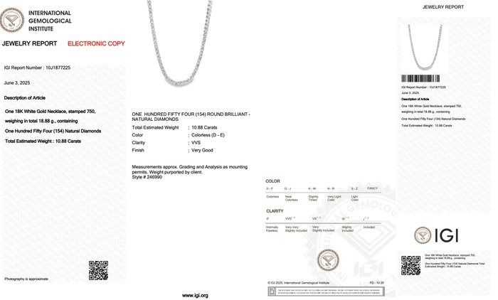 Timeless 10.88ct Diamonds Necklace in 18k White Gold - IGI Certified