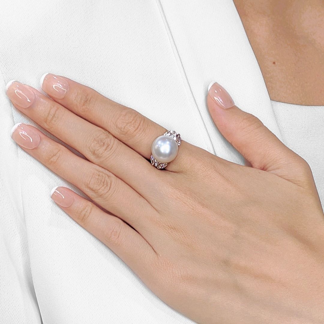 Timeless 13mm South Sea Pearl & 0.86ct Natural Diamond Ring in 18K White Gold