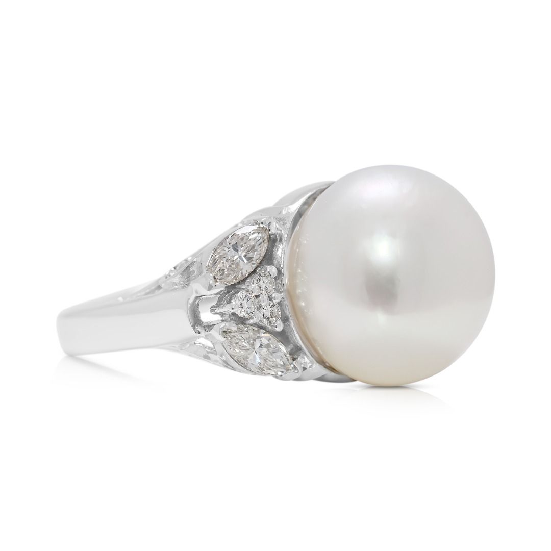 Timeless 13mm South Sea Pearl & 0.86ct Natural Diamond Ring in 18K White Gold