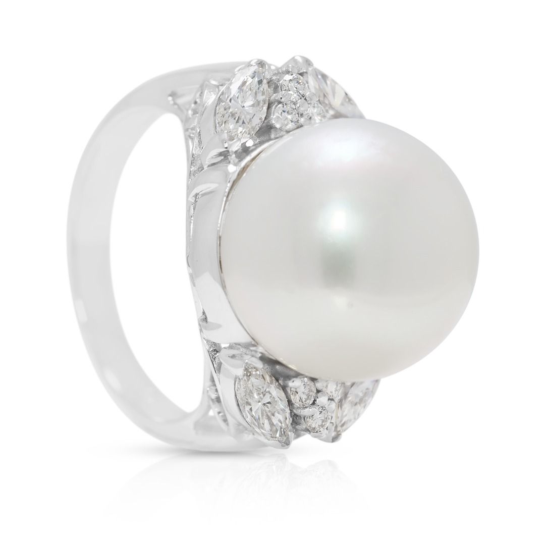 Timeless 13mm South Sea Pearl & 0.86ct Natural Diamond Ring in 18K White Gold