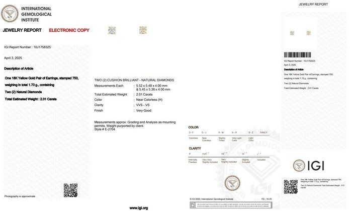 Timeless 2.01ct Diamonds Stud Earrings in 18k Yellow Gold - IGI Certified