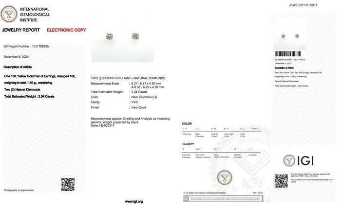 Timeless 2.04ct Diamonds Stud Earrings in 18k Yellow Gold - IGI Certified