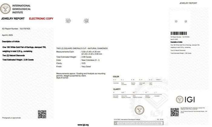 Timeless 2.06ct Diamonds Stud Earrings in 18k White Gold - IGI Certified