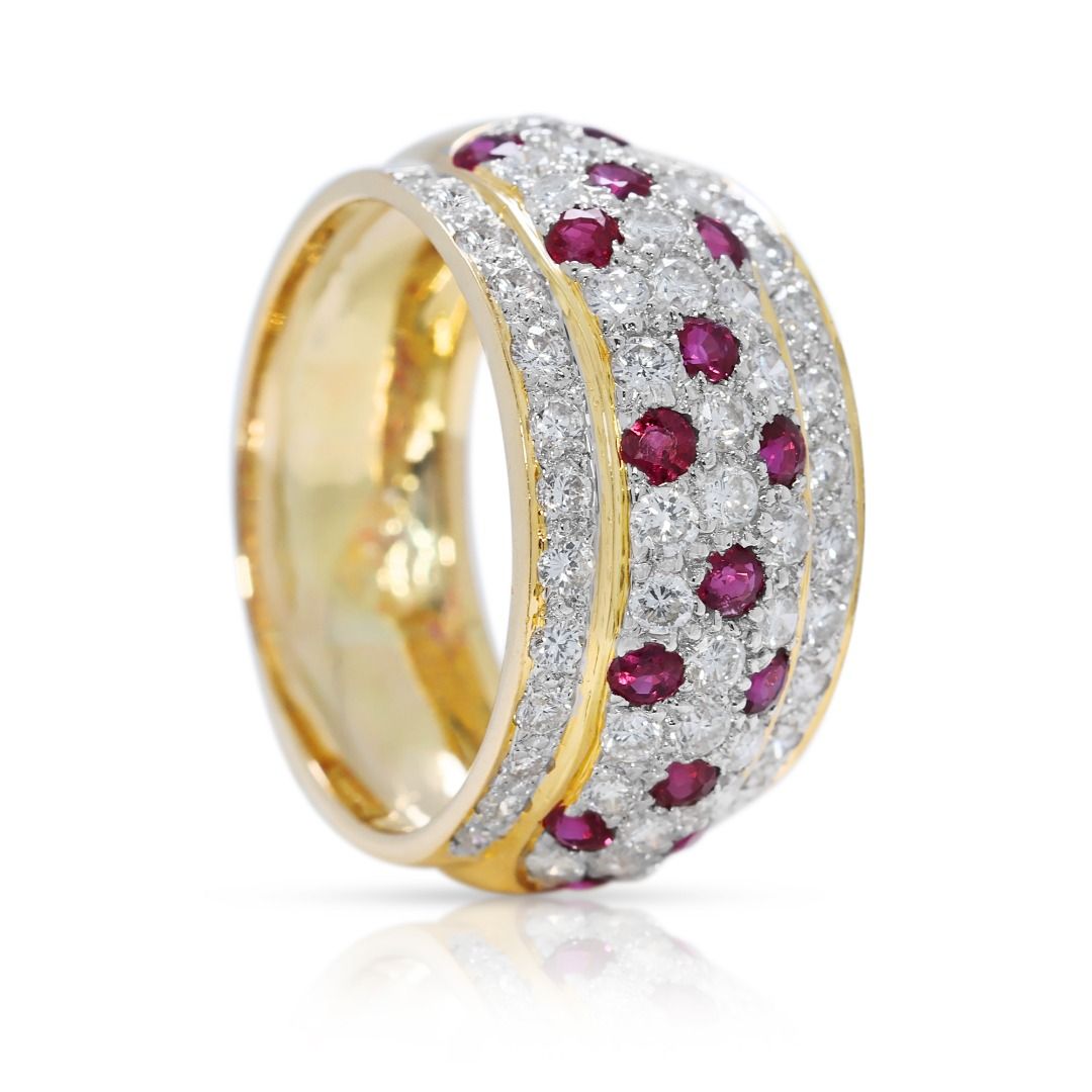 Triple Row 1.36ct Ruby & Diamond Ring in 18K Yellow Gold