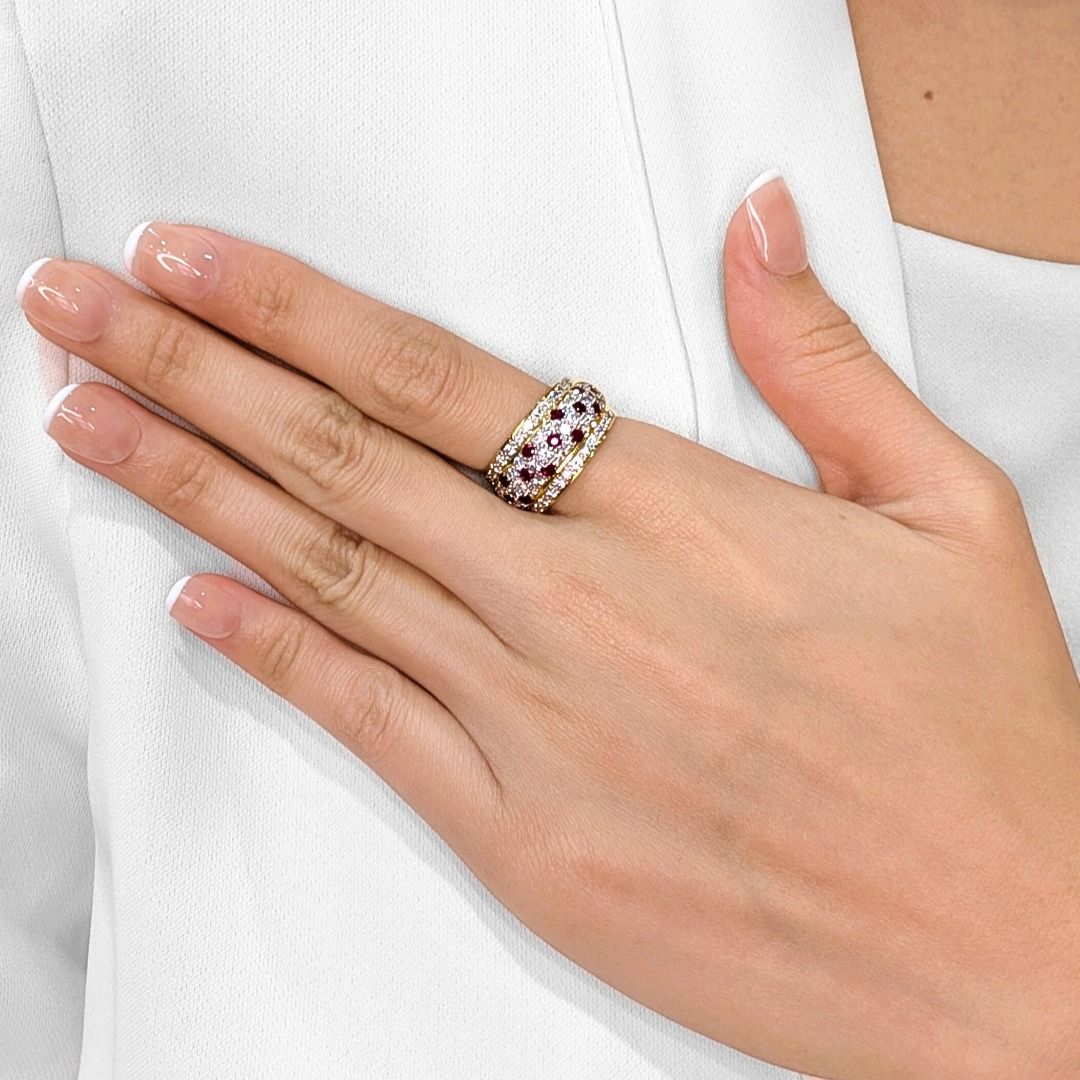 Triple Row 1.36ct Ruby & Diamond Ring in 18K Yellow Gold