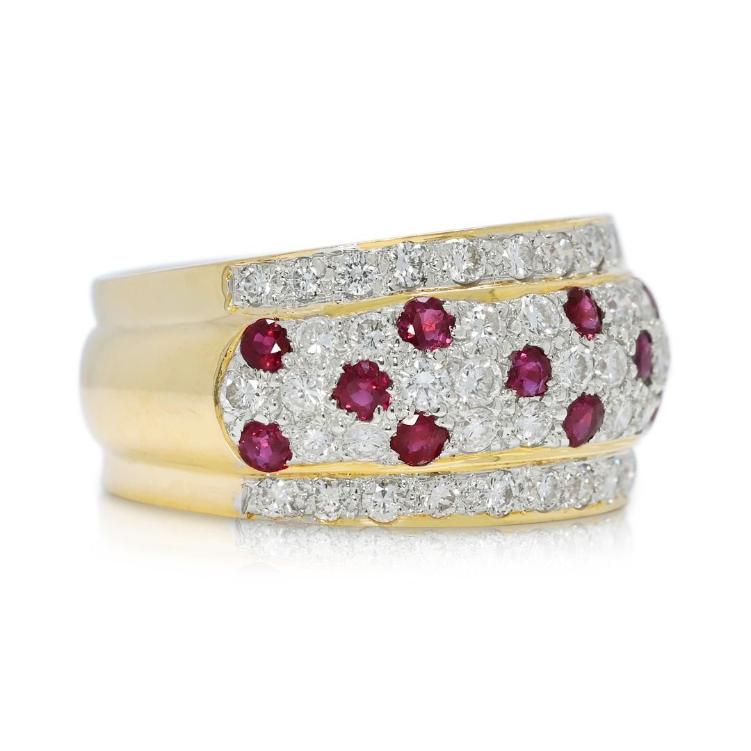 Triple Row 1.36ct Ruby & Diamond Ring in 18K Yellow Gold