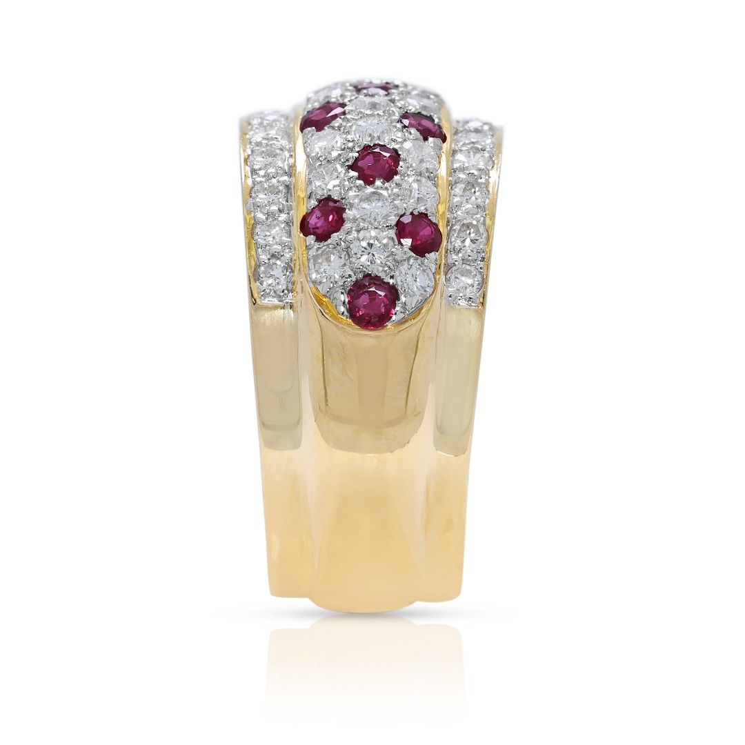 Triple Row 1.36ct Ruby & Diamond Ring in 18K Yellow Gold