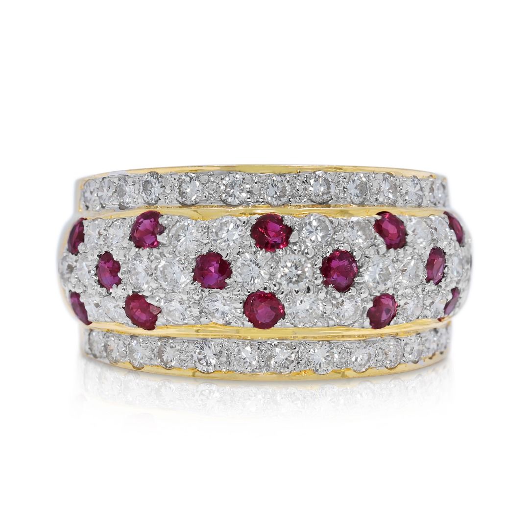 Triple Row 1.36ct Ruby & Diamond Ring in 18K Yellow Gold