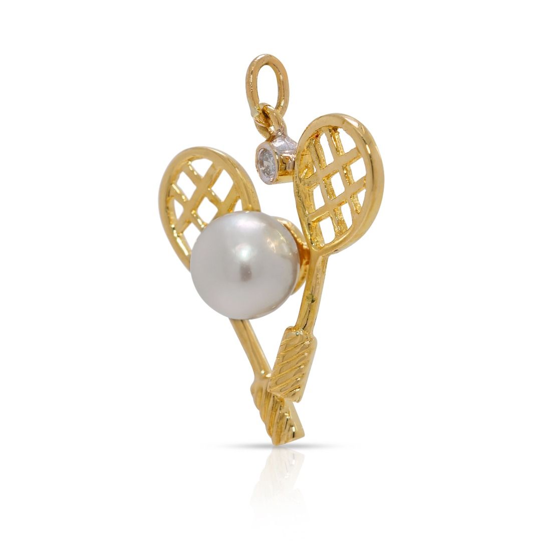 Unique Akoya Pearl & Natural Diamond 18K Yellow Gold Car Design Pendant
