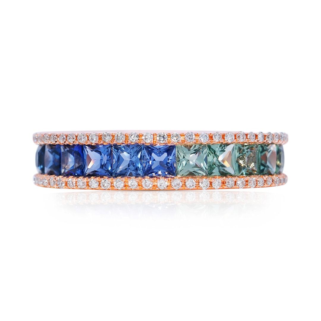 Vibrant 1.15ct Gold Heart Multi-Color Sapphire and Diamond 18k Rose Gold Band