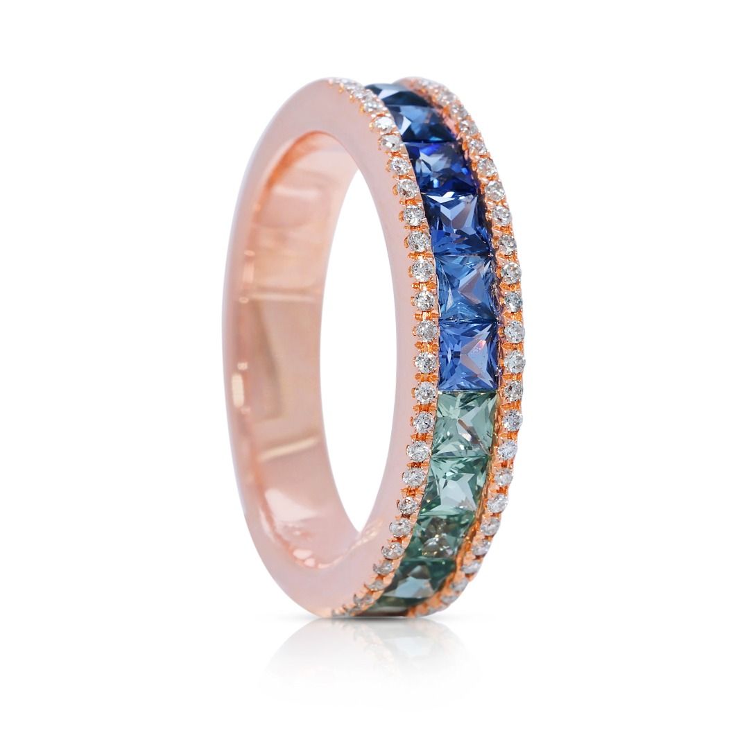 Vibrant 1.15ct Gold Heart Multi-Color Sapphire and Diamond 18k Rose Gold Band
